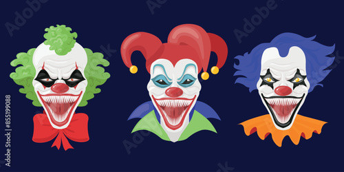 Set of scary clowns in cartoon style.Vector illustration of creepy clowns with claws, jaw, evil grimace, cap, colored:green and blue hair, red nose, collars isolated on white background.Monster clown.