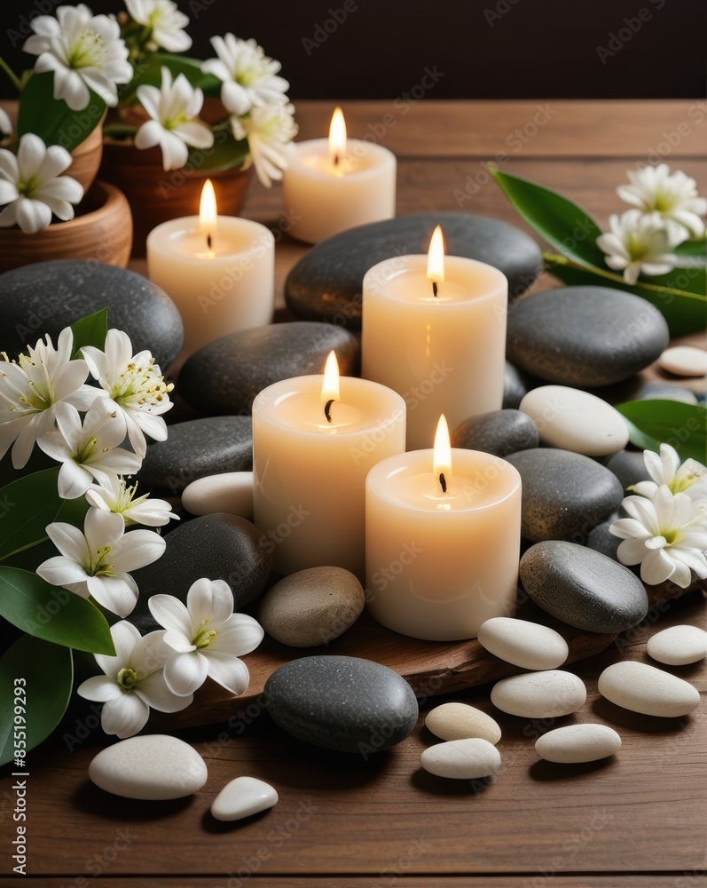 Tranquil spa scene with lit candles, smooth stones, and delicate white flowers on a wooden surface, creating a peaceful and calming ambiance. Tranquil spa scene with lit candles, smooth stones, and delicate white flowers on a wooden surface, creating a peaceful and calming ambiance.