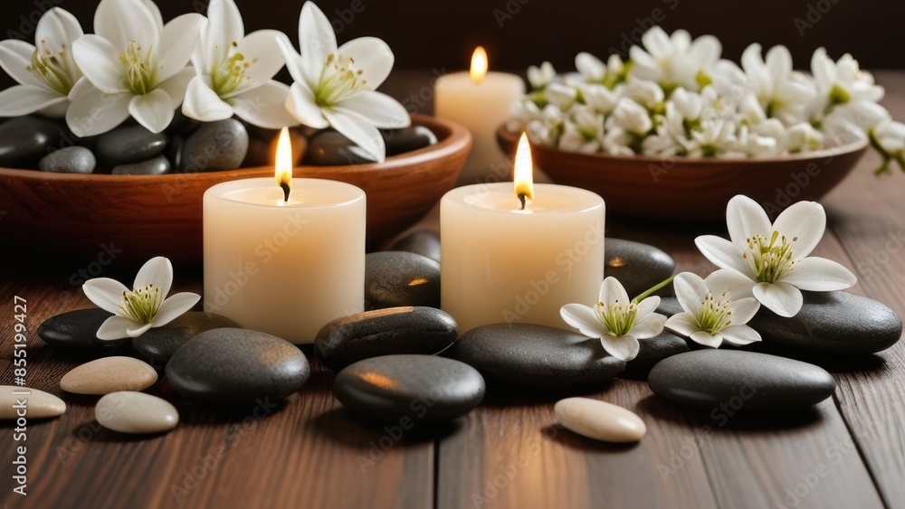 Tranquil spa scene with lit candles, smooth stones, and delicate white flowers on a wooden surface, creating a peaceful and calming ambiance. Tranquil spa scene with lit candles, smooth stones, and delicate white flowers on a wooden surface, creating a peaceful and calming ambiance.