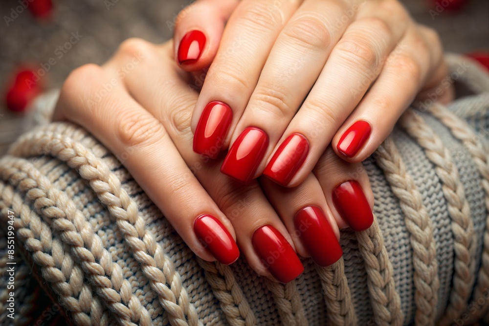 Female hands with red nails close-up on a knitted surface. Selective focus Female hands with red nails close-up on a knitted surface. Selective focus