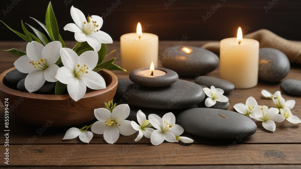 Tranquil spa scene with lit candles, smooth stones, and delicate white flowers on a wooden surface, creating a peaceful and calming ambiance. Tranquil spa scene with lit candles, smooth stones, and delicate white flowers on a wooden surface, creating a peaceful and calming ambiance.
