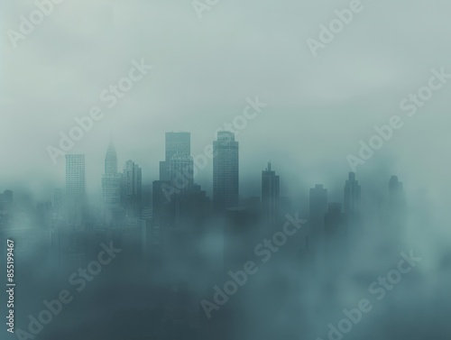 A city skyline partially obscured by thick fog, with buildings looming ghostly in the background, evoking a sense of isolation and eeriness. © Business Pics