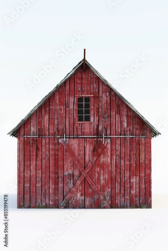 A red barn with a window in the snow, great for winter scenes or rustic themes