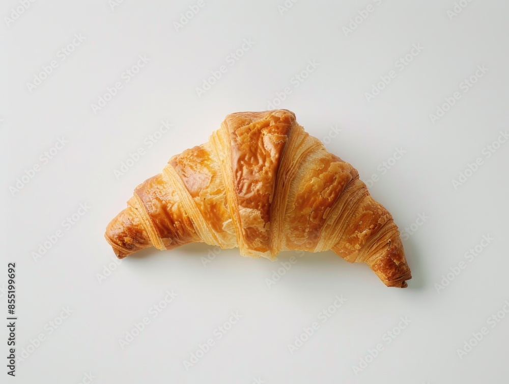 A close-up shot of a flaky and buttery croissant on a white background A close-up shot of a flaky and buttery croissant on a white background