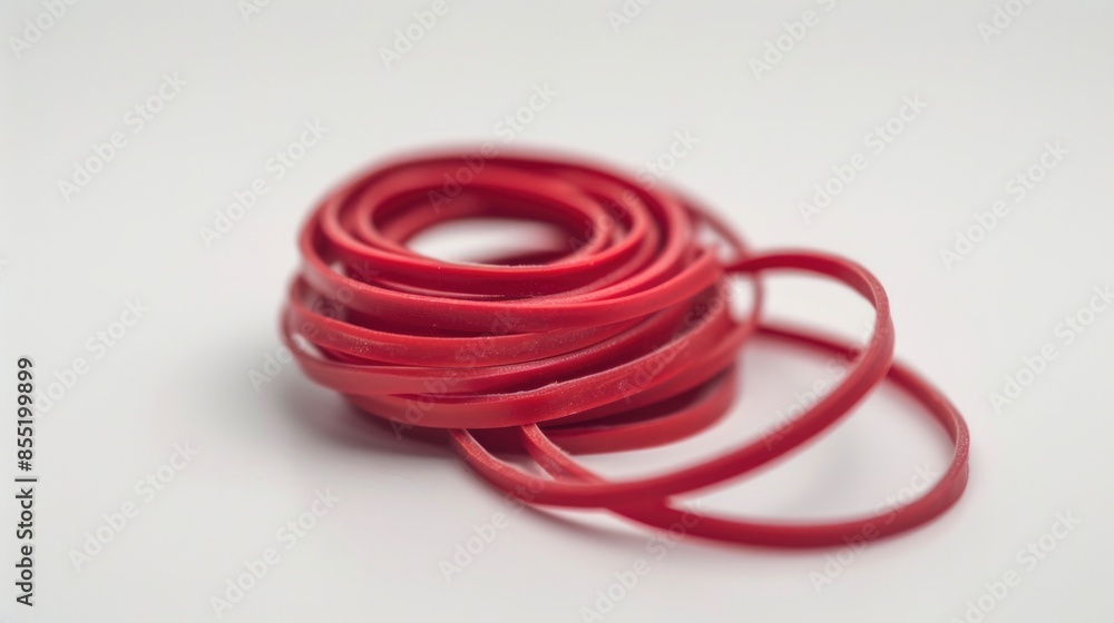A collection of bright red rubber bands piled up on a white surface A collection of bright red rubber bands piled up on a white surface