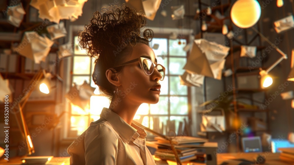 Obraz premium A Brazilian Businesswoman In A Creative Office, Surrounded By Innovative Ideas