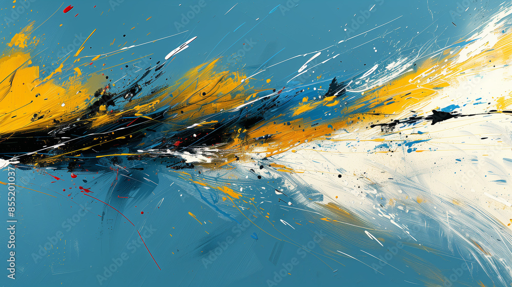 Dynamic paint splatters on a blue canvas Dynamic paint splatters on a blue canvas