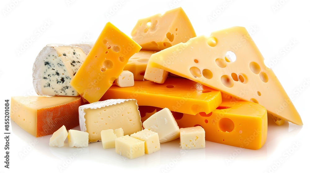 Fototapeta premium An assortment of different types of cheese including cheddar, brie, and blue cheese.