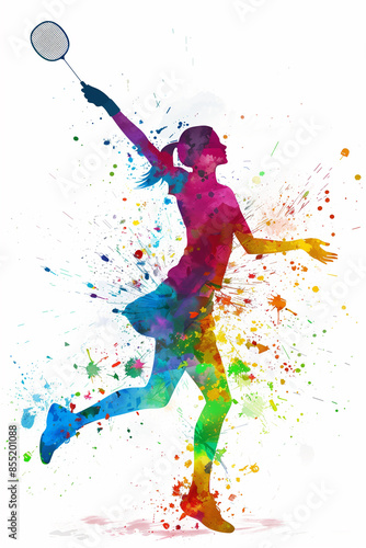 Colorful silhouette of a badminton player in action.