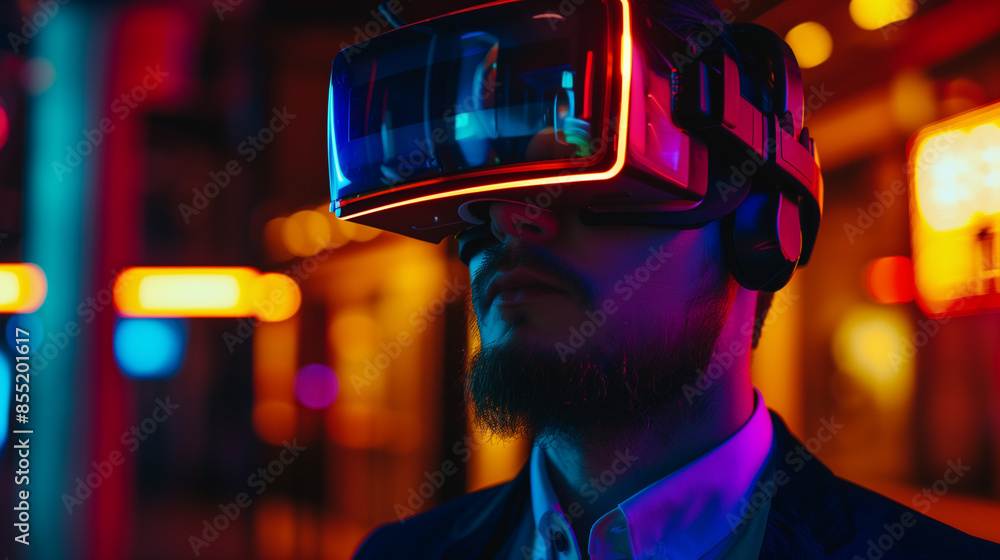 Man wearing VR headset in neon-lit environment. Man wearing VR headset in neon-lit environment.