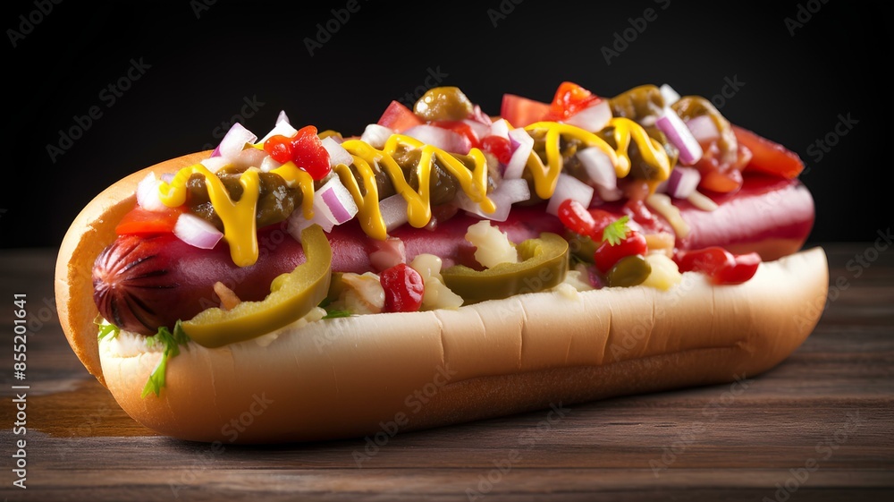 hot dog loaded with various toppings including mustard, onions, and peppers. hot dog loaded with various toppings including mustard, onions, and peppers.