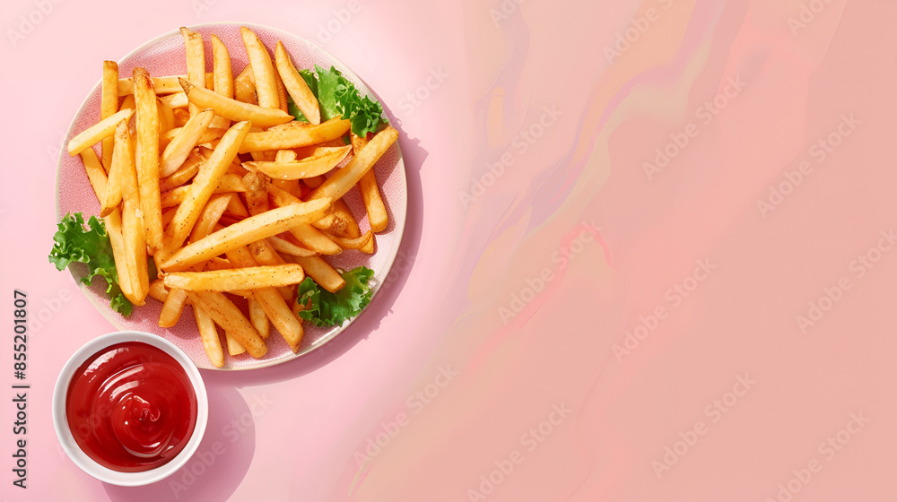French fries with greens in a plate with ketchup French fries with greens in a plate with ketchup