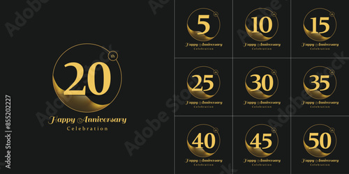 Golden Anniversary logo vector. 5th, 10th,15th, 20th,25th, 30th, 35th, 40th, 45th, 50th years Illustration set. Ideal for company Anniversary, Corporate Events, jubilee, Birthday celebrations, wedding