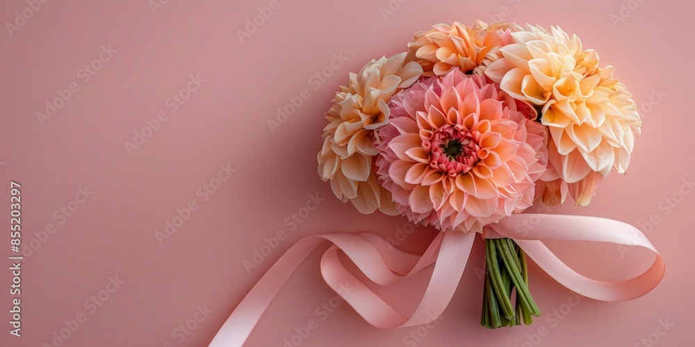 Enchanting bouquet of blossoming pink and peach dahlias with satin ribbon, laying on soft pink background, evoking romantic and celebratory moods. Copy space. Enchanting bouquet of blossoming pink and peach dahlias with satin ribbon, laying on soft pink background, evoking romantic and celebratory moods. Copy space.