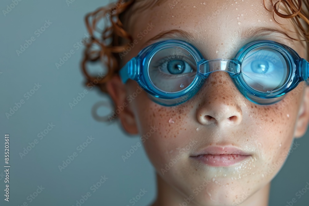 Child wearing swimming goggles, concept of swimming in underwater Child wearing swimming goggles, concept of swimming in underwater