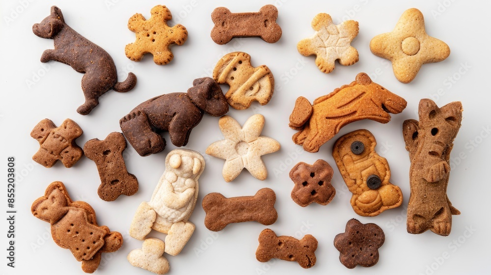 Nutritious and delicious dog treats in various shapes for training and special events on a white background in a close up photo Nutritious and delicious dog treats in various shapes for training and special events on a white background in a close up photo