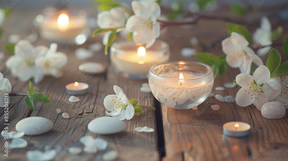 Tranquil spa scene with lit candles, smooth stones, and delicate white flowers on a wooden surface, creating a peaceful and calming ambiance. Tranquil spa scene with lit candles, smooth stones, and delicate white flowers on a wooden surface, creating a peaceful and calming ambiance.