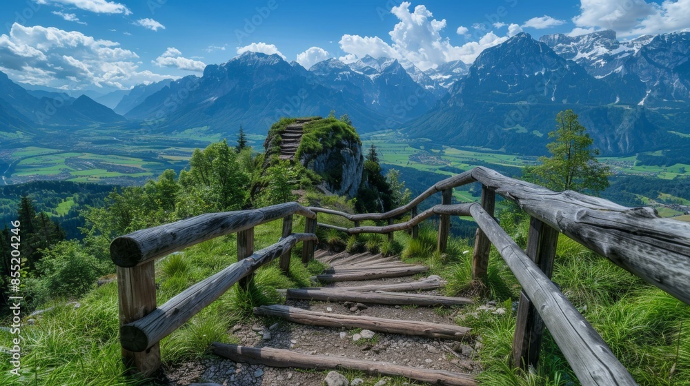 Breathtaking wooden staircase leads through lush green hiking trail to distant mountainous landscape under bright blue sky with clouds. Breathtaking wooden staircase leads through lush green hiking trail to distant mountainous landscape under bright blue sky with clouds.