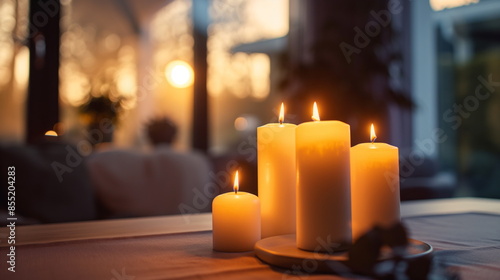 Candle holder with burning candles on the table, creating a romantic atmosphere in the interior