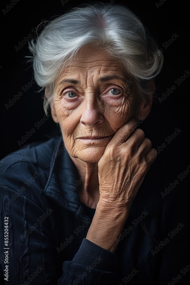 A senior woman with long white hair wearing a black shirt, possibly for a funeral or memorial service A senior woman with long white hair wearing a black shirt, possibly for a funeral or memorial service