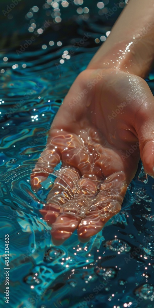 Fototapeta premium Glistening hand of young person touching sparkling water with droplets reflecting sunlight in calming summer scene, poolside vibe, refreshment.