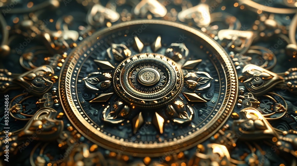 Volumetric mandala on a dark background with golden ele
Volumetric mandala on a dark background with golden ele