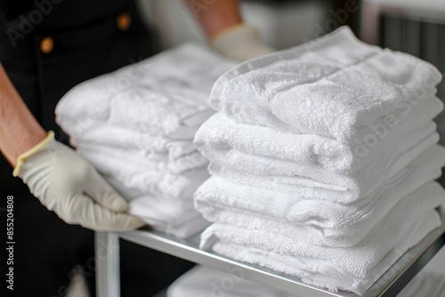 A hotel housekeeping staff member places freshly laundered towels onto a cart for distribution to guest rooms