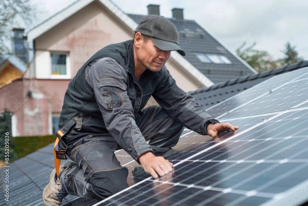 A person fixing a solar panel on the roof, ideal for renewable energy and eco-friendly themes A person fixing a solar panel on the roof, ideal for renewable energy and eco-friendly themes