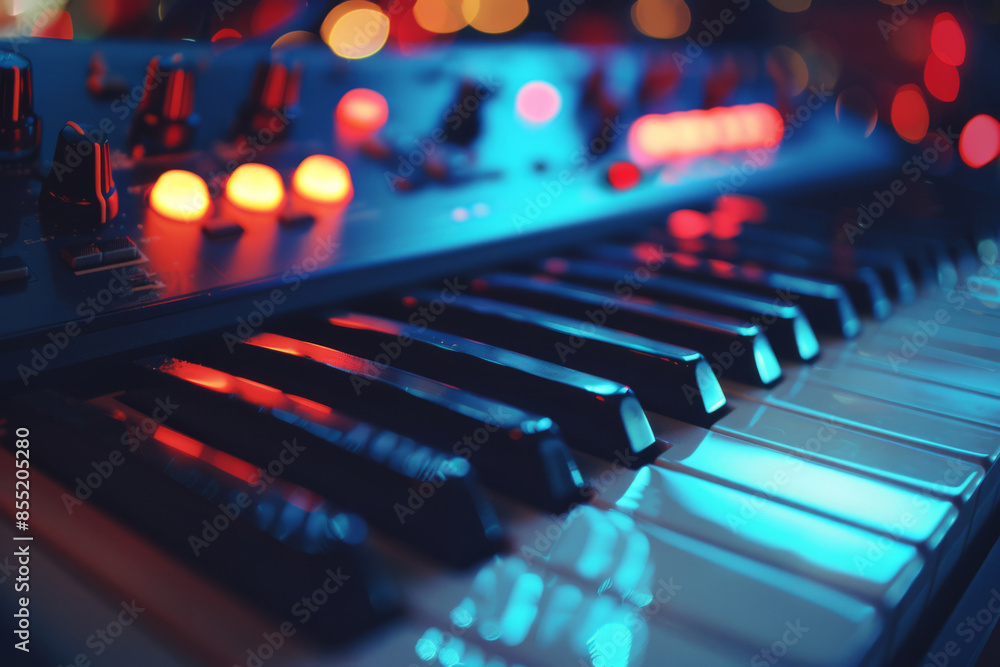Synthesizer midi keyboard close-up. Audio equipment for musicians Synthesizer midi keyboard close-up. Audio equipment for musicians
