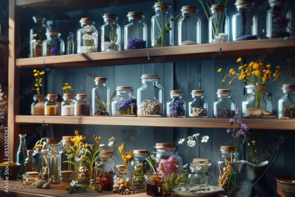 A shelf filled with glass bottles containing various flowers and plants A shelf filled with glass bottles containing various flowers and plants