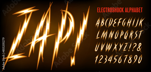 Zap! is an all-capitals and numerals alphabet with the effect of electrical arcs or lighting bolts.