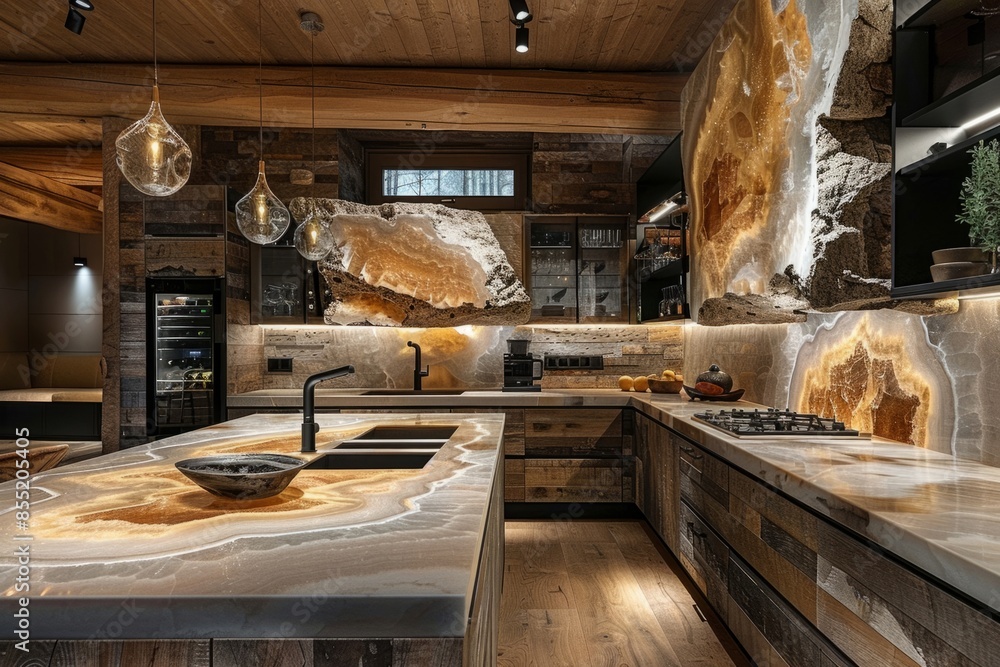 Luxury kitchen interior with stone geode Luxury kitchen interior with stone geode