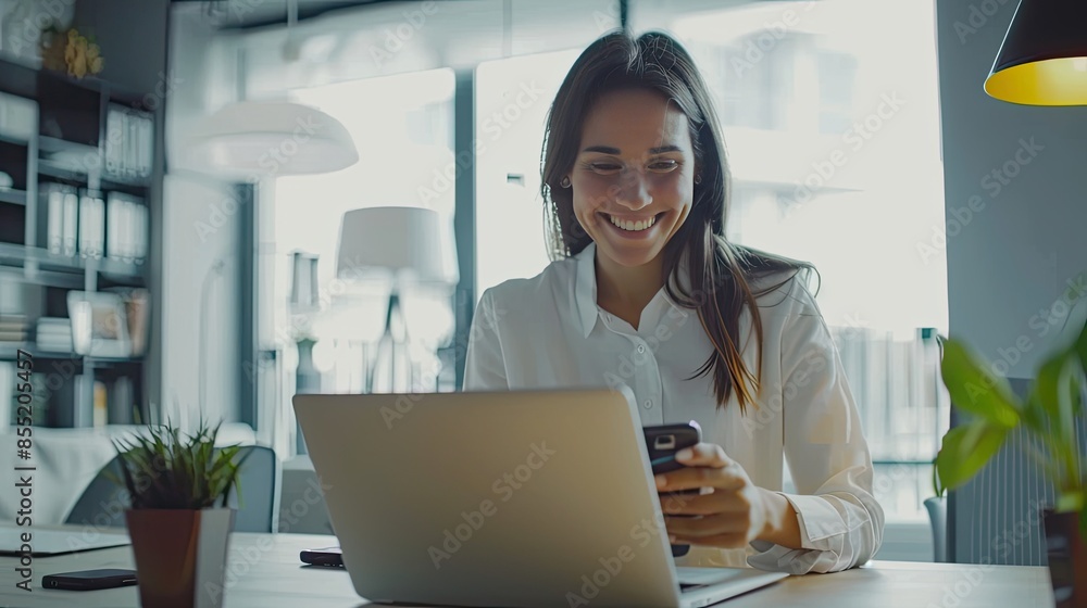 Happiness Entrepreneur beautiful business asian young woman wear casual use mobile phone for shopping online enjoy with social media and laptop at home.