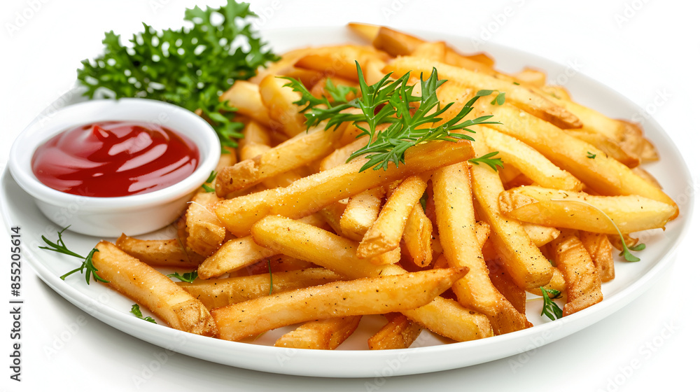 French fries with greens in a plate with ketchup French fries with greens in a plate with ketchup