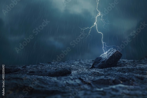 A bright flash of lightning illuminates the dark sky as it strikes a rocky outcropping amidst a fierce thunderstorm photo