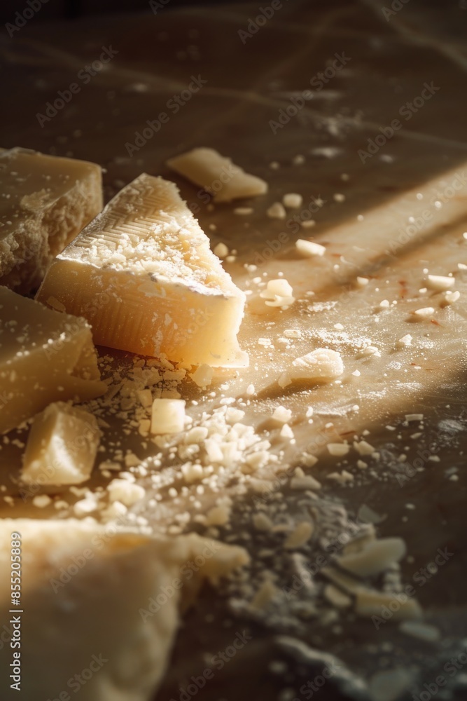 A detailed shot of a piece of cheese sitting on a table A detailed shot of a piece of cheese sitting on a table
