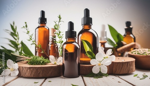 A collection of essential oils and herbs are displayed on a wooden table. The oils are in various sizes and shapes, and the herbs are scattered around them