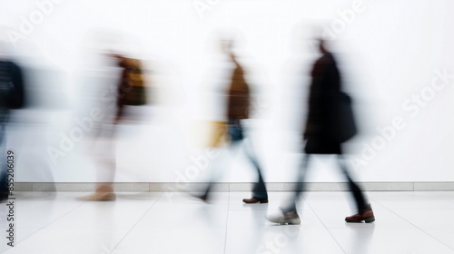 Blurred motion of people walking in a bright, modern interior, depicting the hustle of daily life