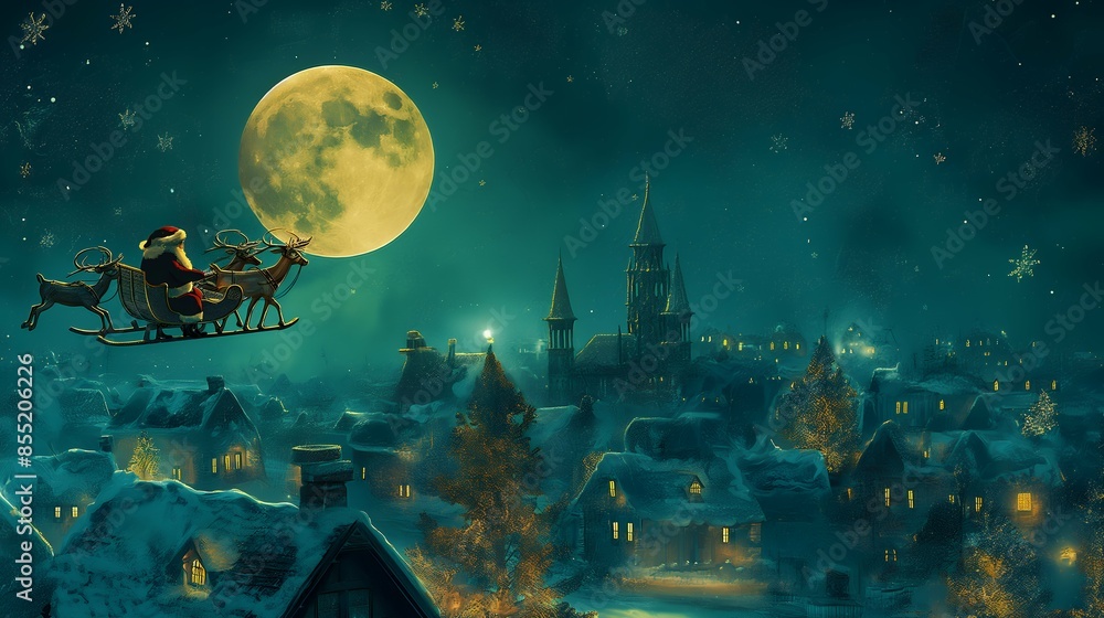 A Magical Journey Above a Snowy Townscape, Serene Moonlit Voyage: Santa’s Sleigh Ride Over Tranquil Snow-Covered Roofs A Magical Journey Above a Snowy Townscape, Serene Moonlit Voyage: Santa’s Sleigh Ride Over Tranquil Snow-Covered Roofs