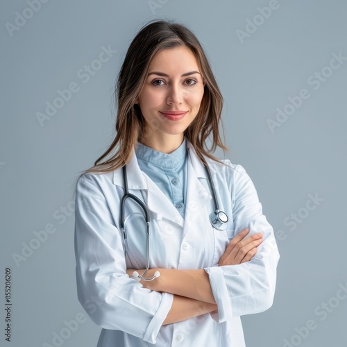 Profile photo of attractive family doc lady patients consultation friendly smiling reliable virology clinic arms crossed wear white lab coat stethoscope isolated grey color background