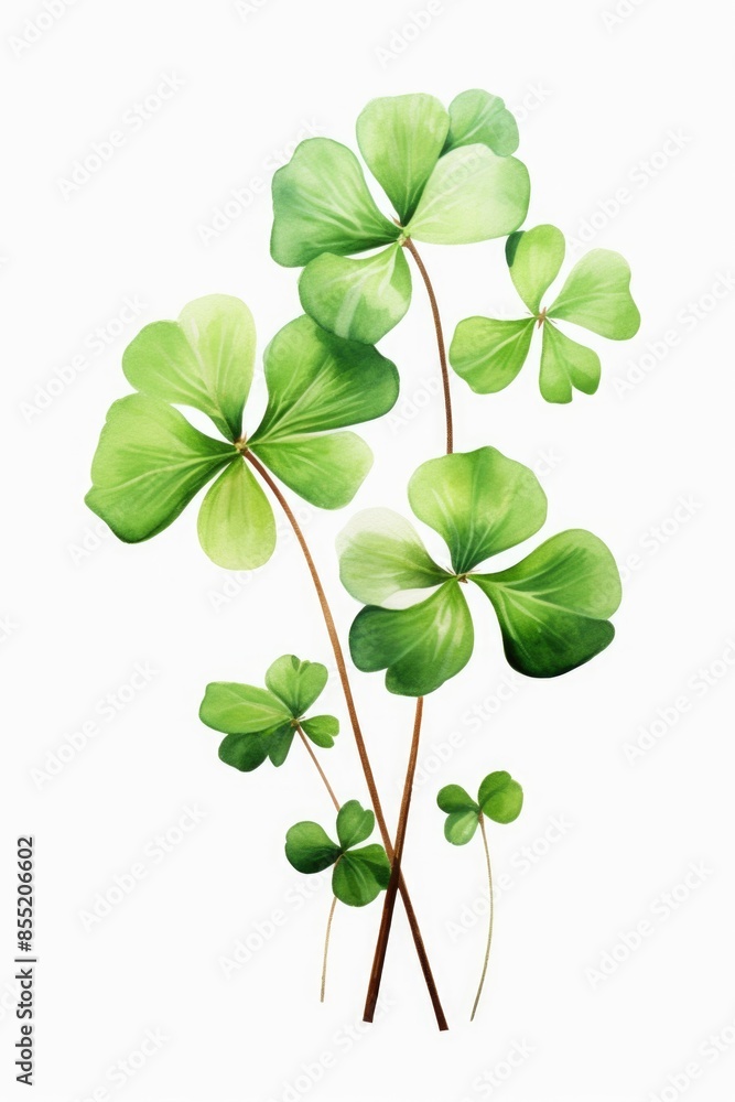 A close-up view of four leaf clovers on a white background, perfect for illustrations and designs A close-up view of four leaf clovers on a white background, perfect for illustrations and designs
