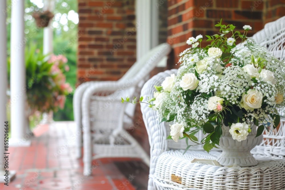 A decorative vase filled with flowers placed on a natural wicker chair, great for home decor or event use