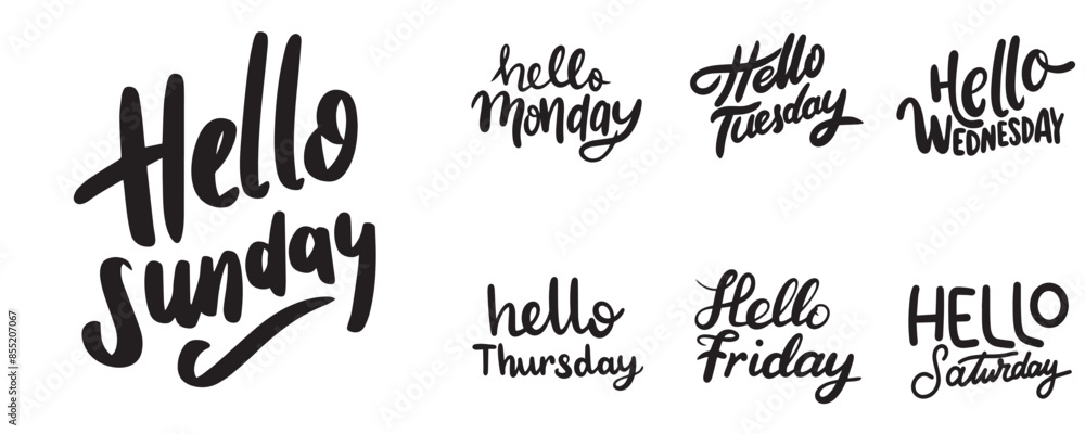 Fototapeta premium Collection of Hello Sunday, Friday, Saturday text lettering. Hand drawn vector art. 