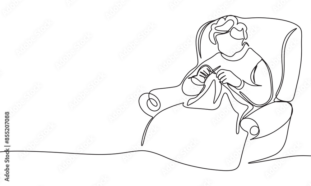 Old woman is knitting one line continuous. Knitting line art. Hand drawn vector art Old woman is knitting one line continuous. Knitting line art. Hand drawn vector art
