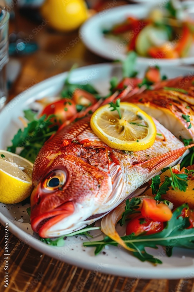 Fresh fish served with lemon slices and mixed vegetables, perfect for a healthy lunch or dinner Fresh fish served with lemon slices and mixed vegetables, perfect for a healthy lunch or dinner