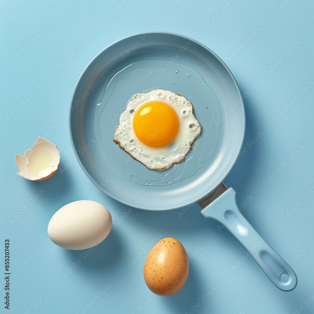 Fried eggs in pan on a blue background Fried eggs in pan on a blue background