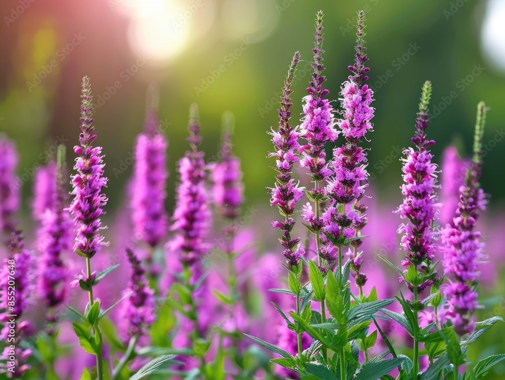 Obraz premium A bright and colorful scene with a field of purple flowers and the sun shining in the background