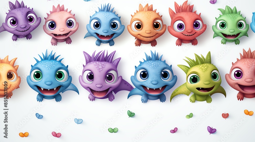 Fototapeta premium Cute cartoon baby dragons in various colors.