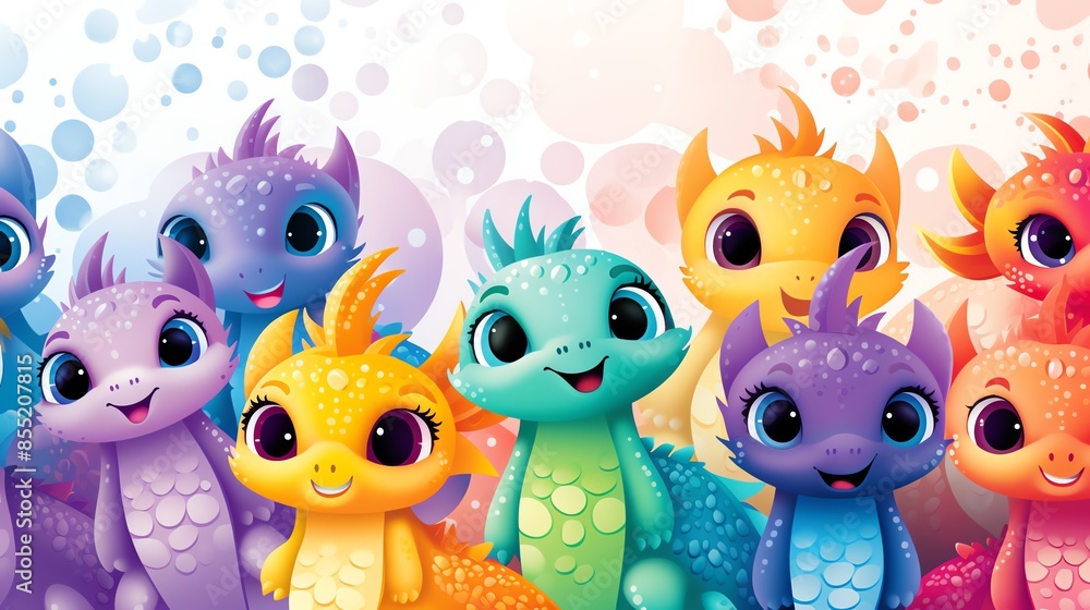 Obraz premium Cute cartoon dragons in various colors with big eyes and happy faces.