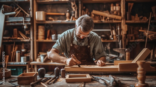 Skilled carpenter working on a woodworking project in a well equipped workshop, creating handmade furniture photo